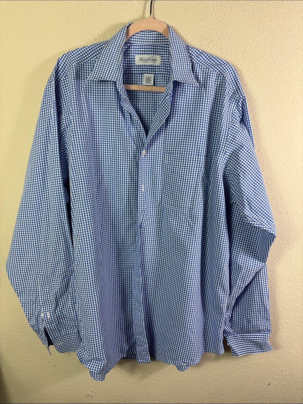Brooks Brothers Blue White Gingham Checkered Long Sleeve Shirt 17 36/37